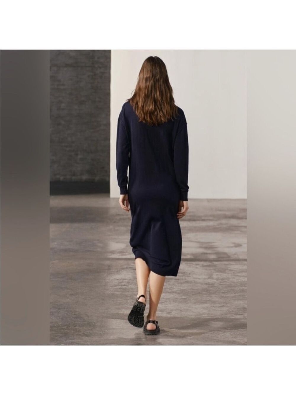 ZARA Fine Wool Blend Lightweight midi/maxi knit dress Side Buttons Navy Blue S - Picture 2 of 15
